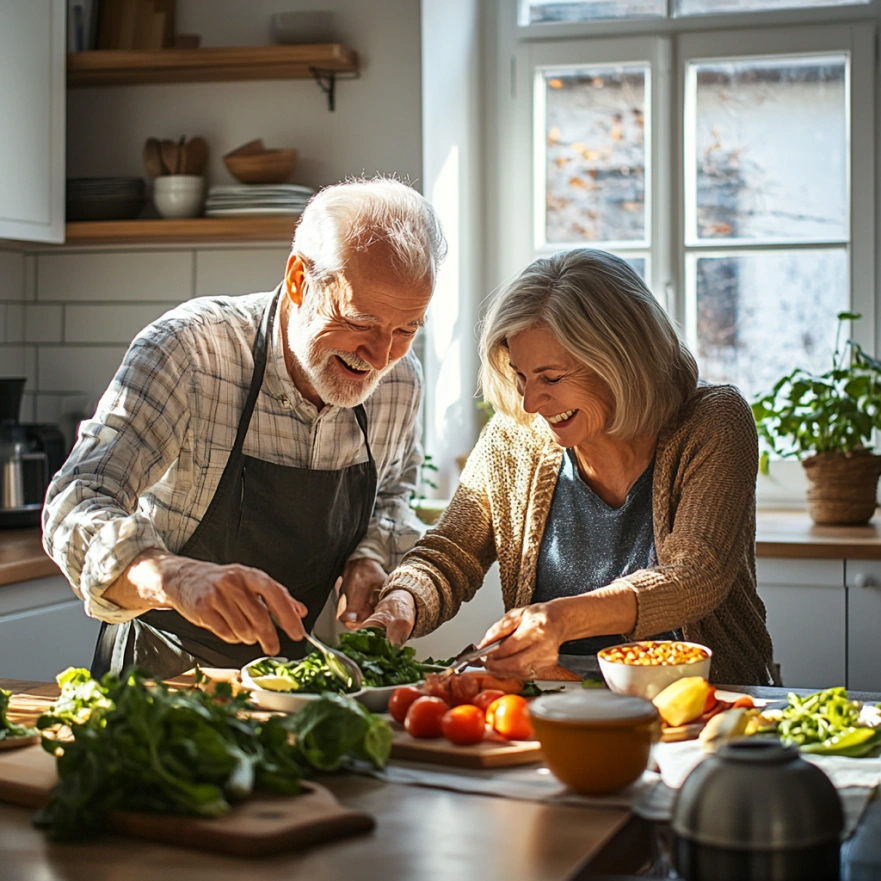 Щасливі пенсіонери насолоджуються здоровою їжею